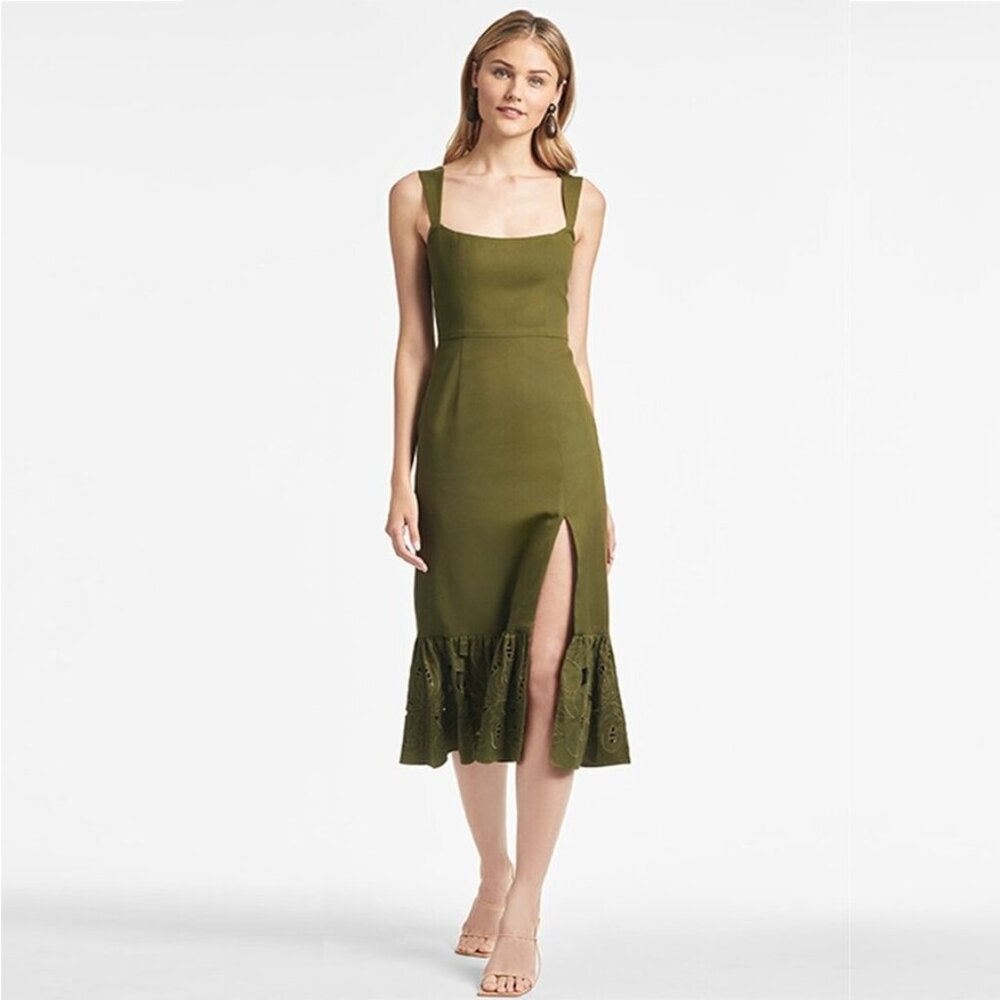 NWT SACHIN + BABI Laura Dress in Olive Smocked Midi Peplum Slit Sleeveless 8 - Picture 1 of 10